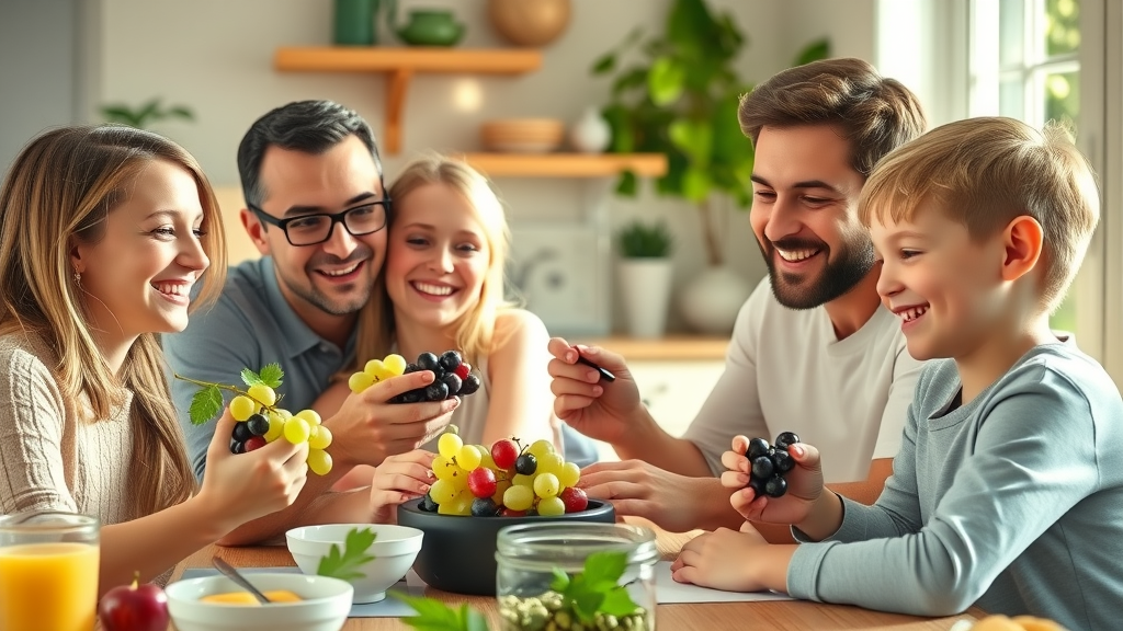 Joyful family enjoying a bowl of grapes, highlighting immune system and heart health benefits, sunlit kitchen.