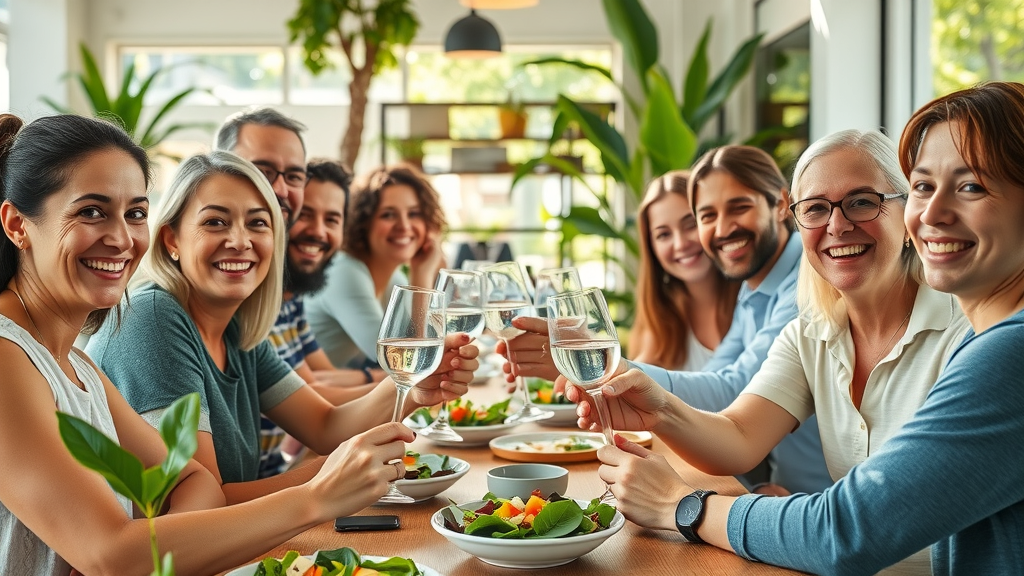 Group enjoying hydration and healthy food habits to enhance overall well-being.