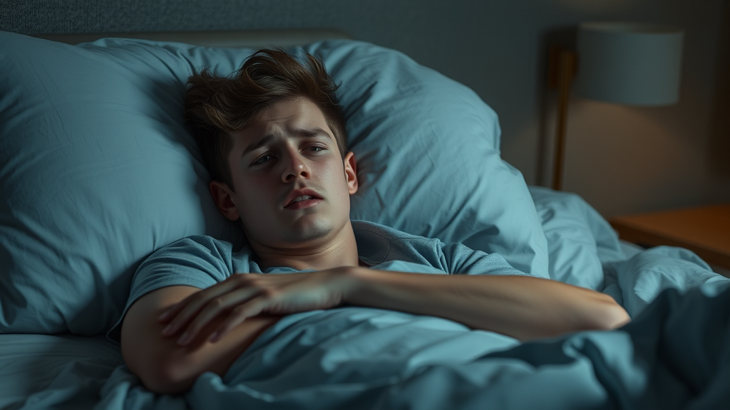 Concerned young man lying awake at night with worry