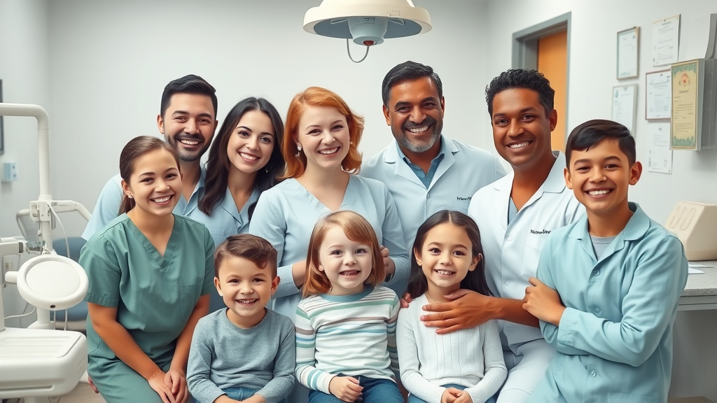 Friendly family dentist team with smiling patients of all ages
