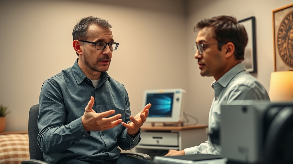 curious first-time client learning about neurofeedback equipment from a confident neurofeedback provider in a welcoming therapy room; session setup for brain training and mental health assessment