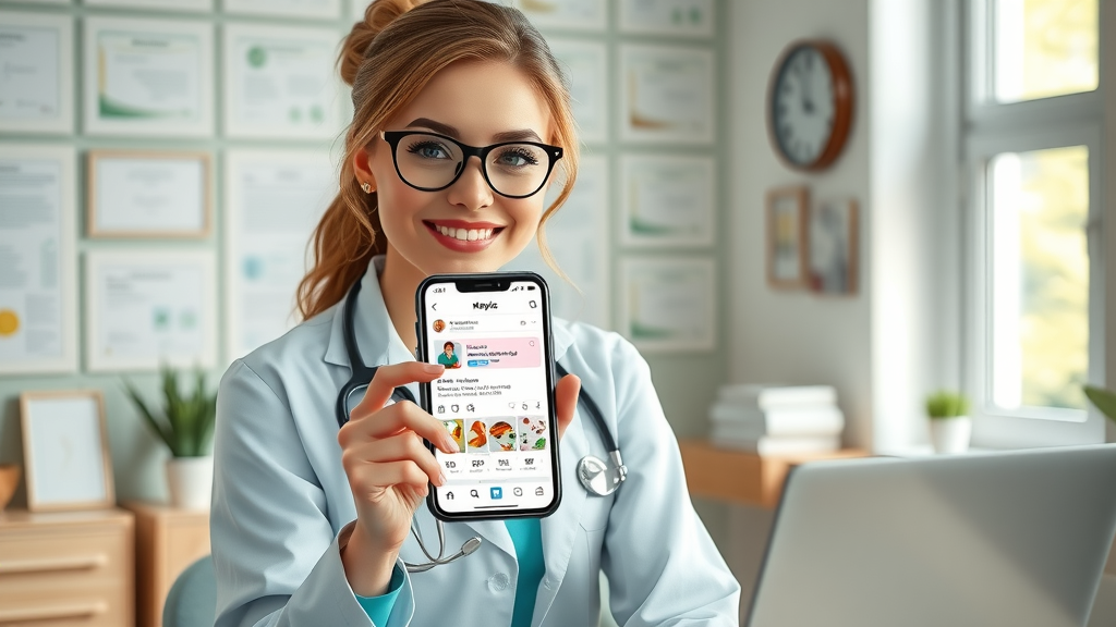 female doctor using phone to promote supplement brand on social media, in office with accolades, supplement business marketing