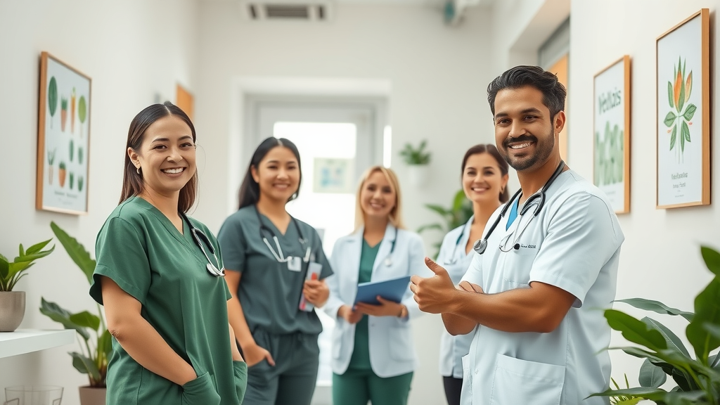 Friendly holistic primary care team greeting patient in bright modern clinic
