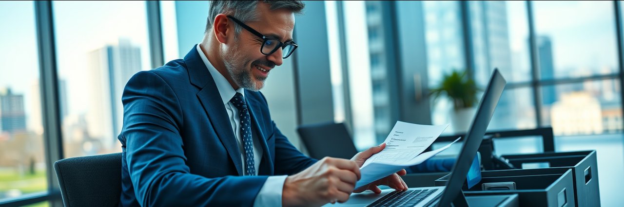 Businessman processing reimbursement paperwork in a modern office environment.