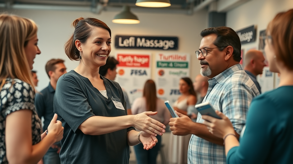 successful massage therapist networking with local business owners to attract massage clients