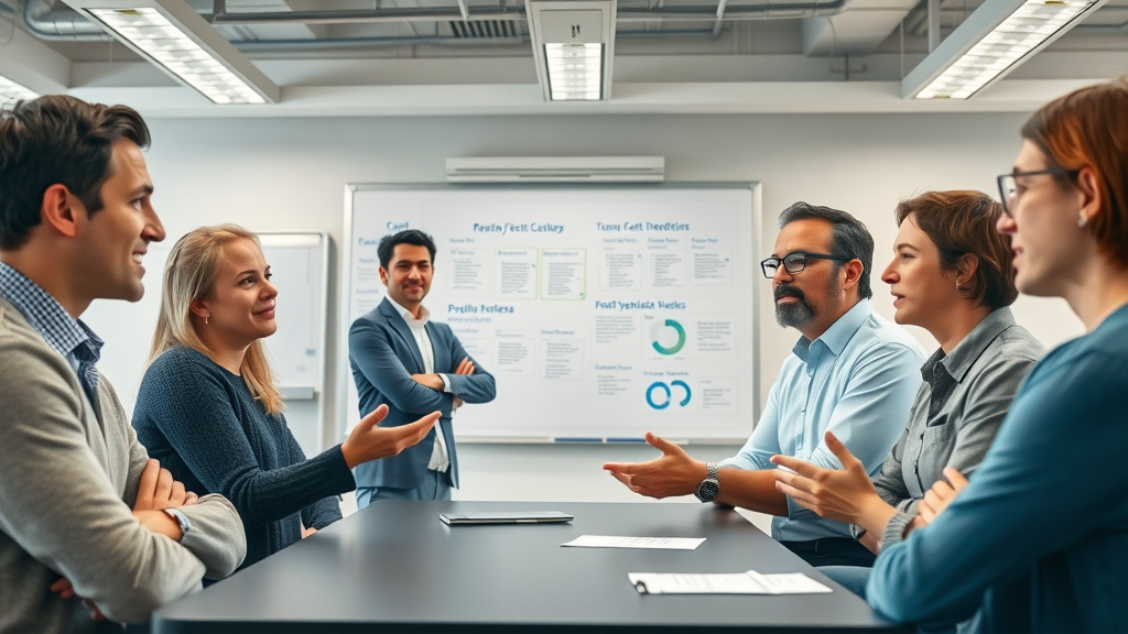 collaborative feedback session, nonprofit team, staff management and organizational culture for nonprofit organizations, attentive, manager facilitating, open meeting space, whiteboard, team charts, animated dialogue, blue accents, 50mm lens