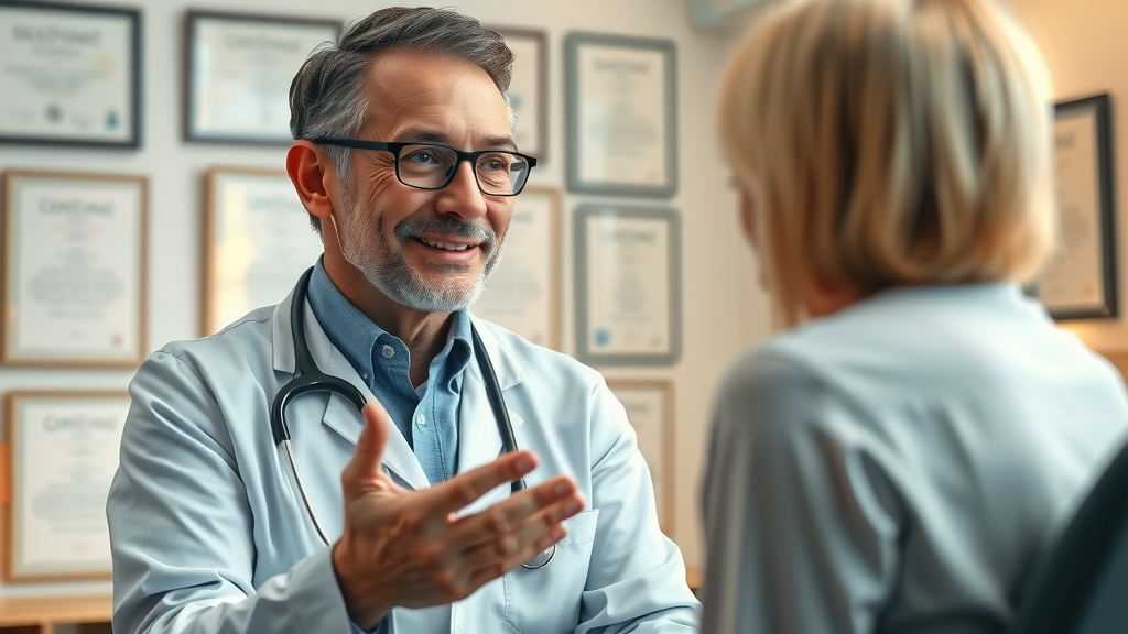 Professional fertility doctor in friendly conversation with patient at Sarasota clinic serving Lakewood Ranch, certificates in background