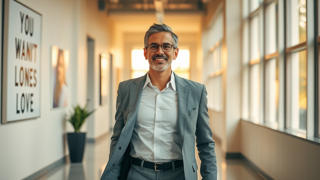 Resilient business owner walking confidently through modern hallway - autonomy and fulfillment from therapist to business owner