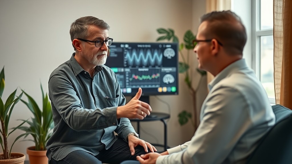 therapist demonstrating neurofeedback equipment to client in therapy room, showing the neurofeedback training process
