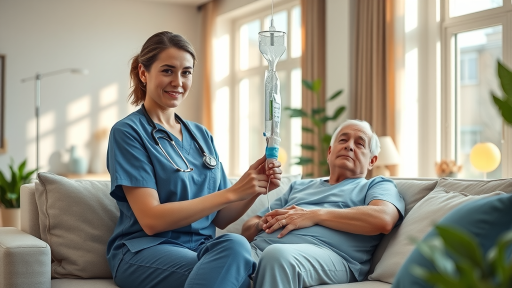 IV mobile hydration solution administered at home by nurse, modern comfortable setting