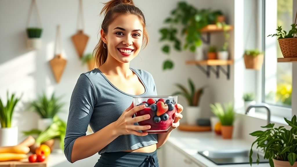 Young woman enjoying healthy diet in a bright kitchen, exemplifying healthy lifestyle