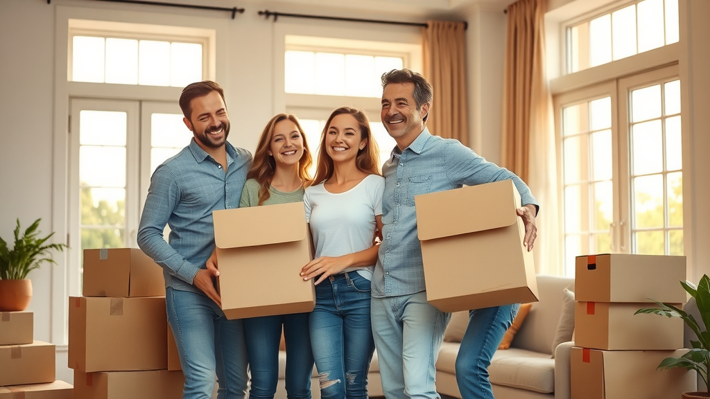Happy family in new home with moving boxes after successful local move with local moving company