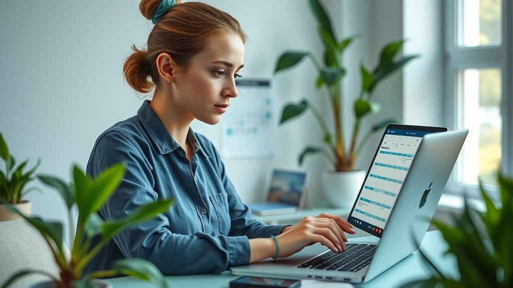 modern massage therapist managing online schedule and reviews on laptop