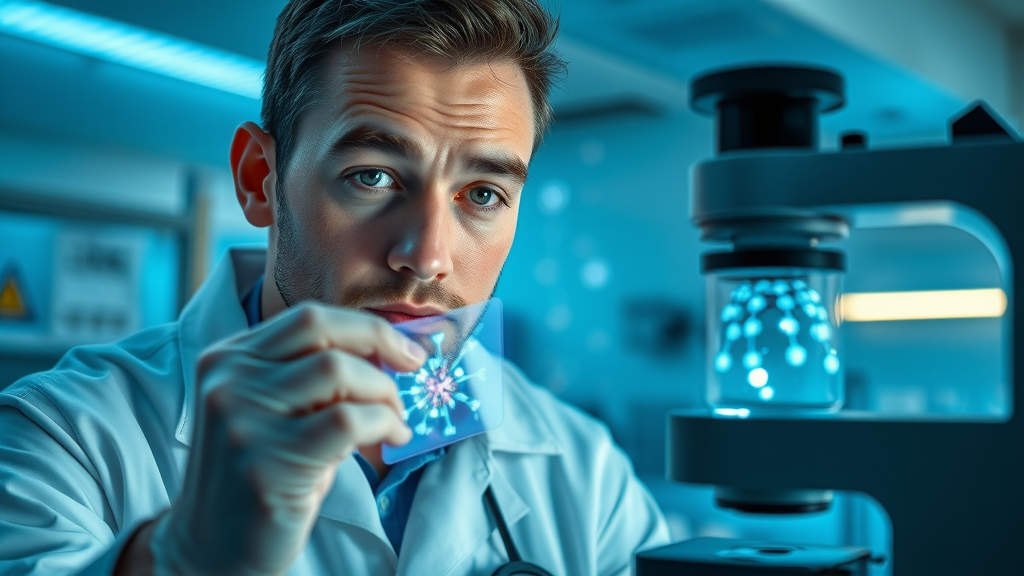 scientist examines x39 lifewave patch for sleep under microscope stem cell activation laboratory setting