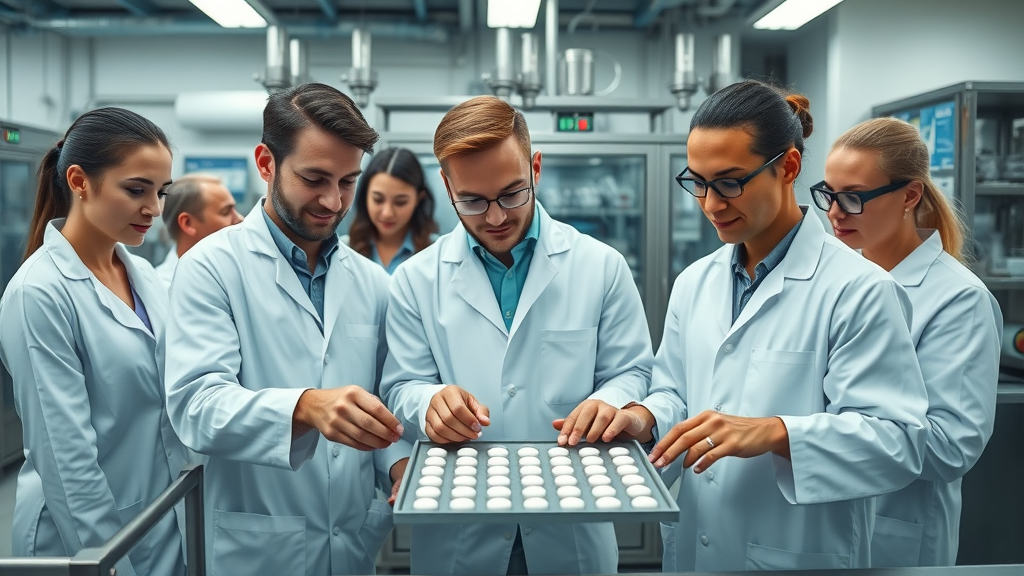 scientists in supplement manufacturing lab, reviewing dietary supplement tablets for quality in a health supplement business