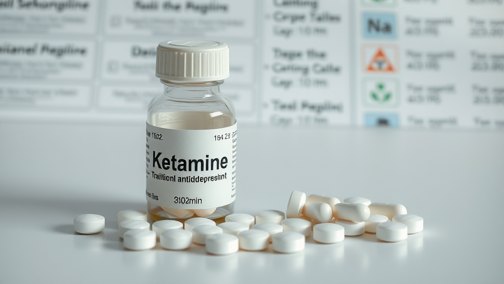 Ketamine vial contrasted with traditional antidepressant pills for mental health treatment.
