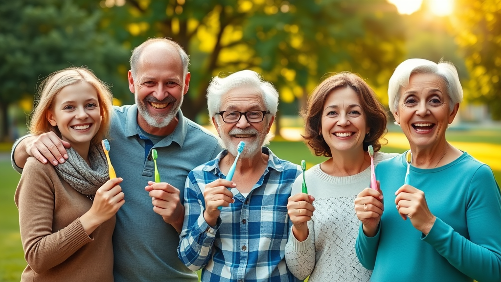 Family dentist patients showing healthy smiles and dental care outdoors