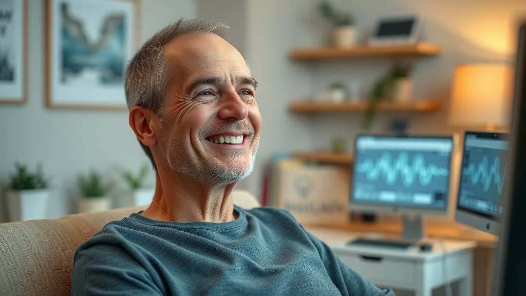 relaxed patient experiencing neurofeedback training for anxiety with brainwave monitors in a comfortable mental health setting