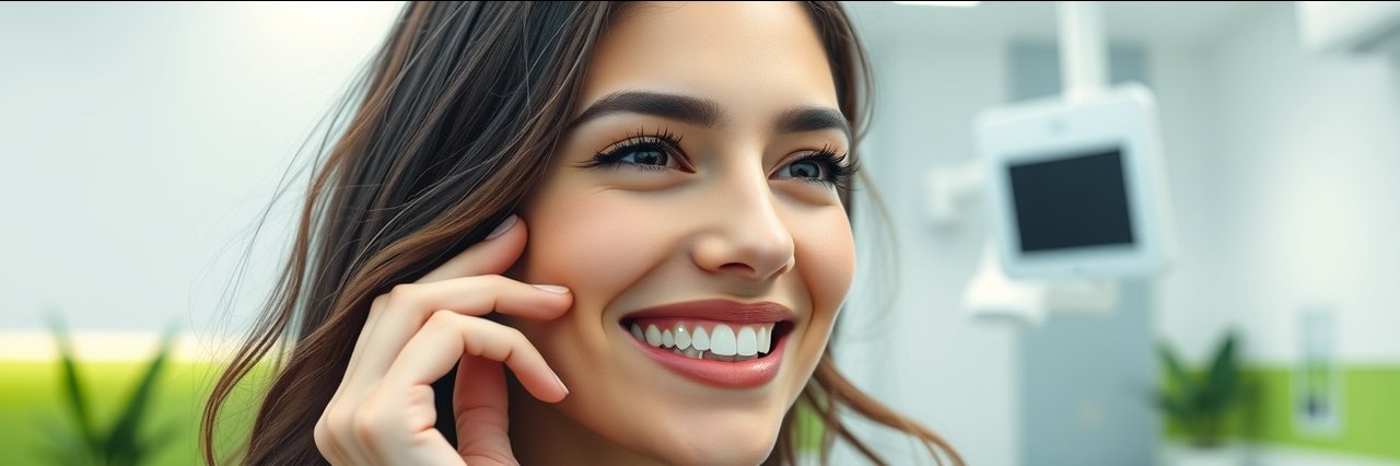Young woman confidently wearing invisalign braces, smiling at modern dental clinic
