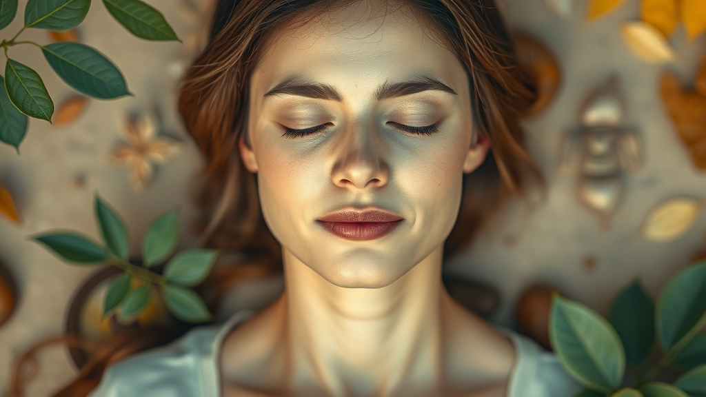 Mindful holistic healthcare meditation with serene woman and nature elements