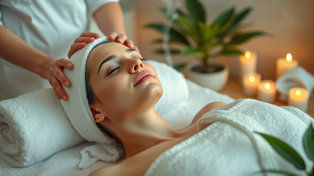Relaxed woman receiving mineral body wrap treatment in tranquil spa environment