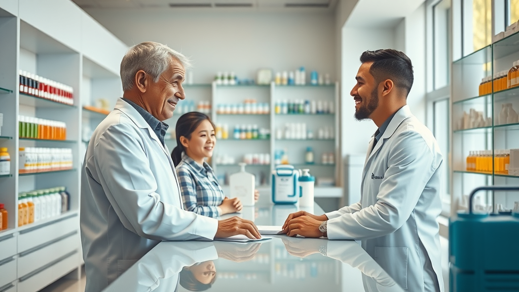 Compound pharmacy pharmacist consulting diverse patients in bright modern pharmacy