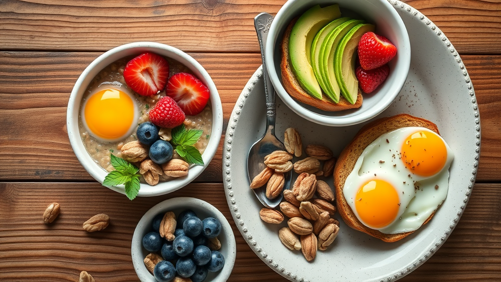 Colorful healthy breakfast foods including oatmeal, eggs, berries, avocado toast, and nuts for breaking your fast