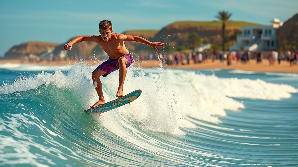 Skimboard contest athlete soaring above waves at crowded Aliso Beach Laguna.