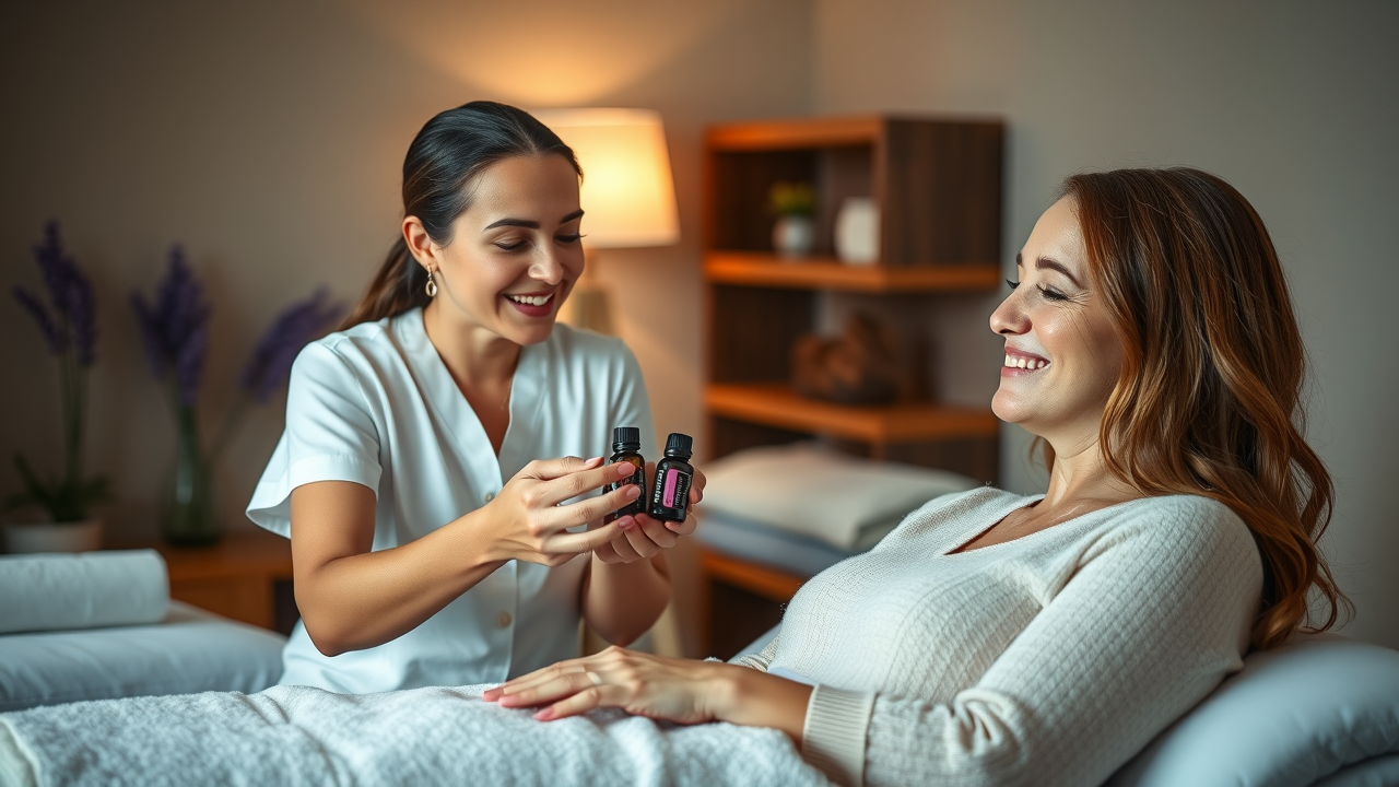 Massage therapist offering personalized aromatherapy to client – elevating client experience in massage therapy