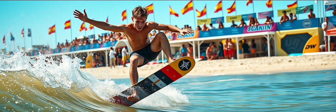 Skimboard contest athlete airborne performing trick on sunny beach shoreline.