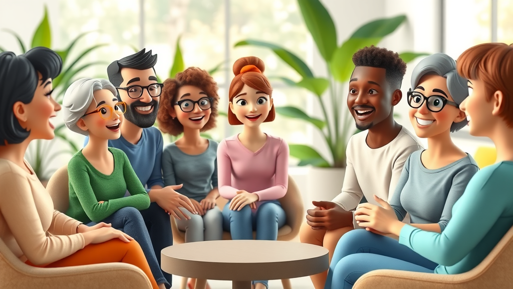 Diverse individuals sharing real life neurofeedback benefits during a therapy support group session