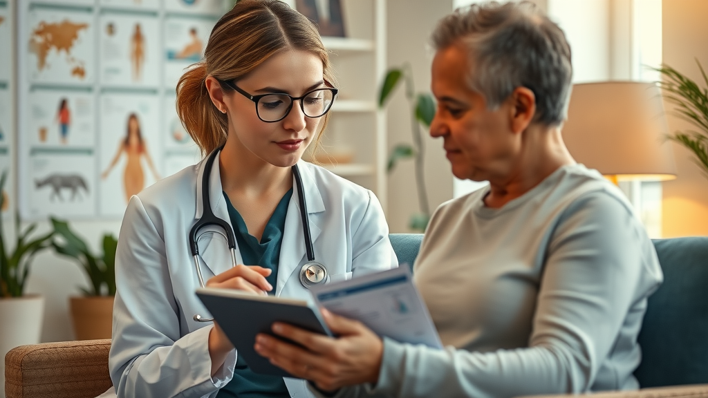 female functional medicine doctor reviewing personalized medical treatment plan with patient on a digital tablet in a cozy consultation room