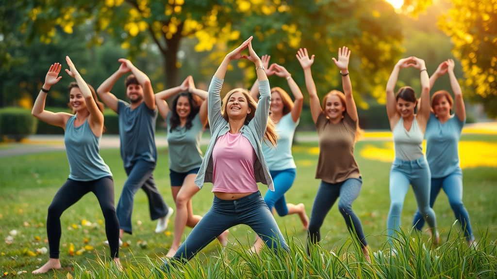 Energetic diverse group doing morning stretches in a park, joyous expressions, vibrant blood flow, lush greenery, highly detailed, golden hour lighting
