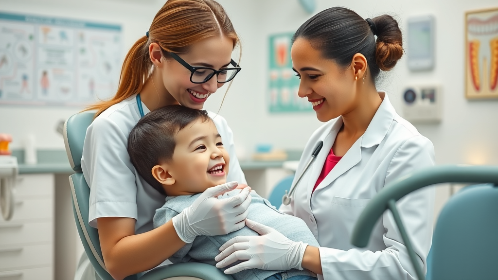 Caring family dentist easing a child