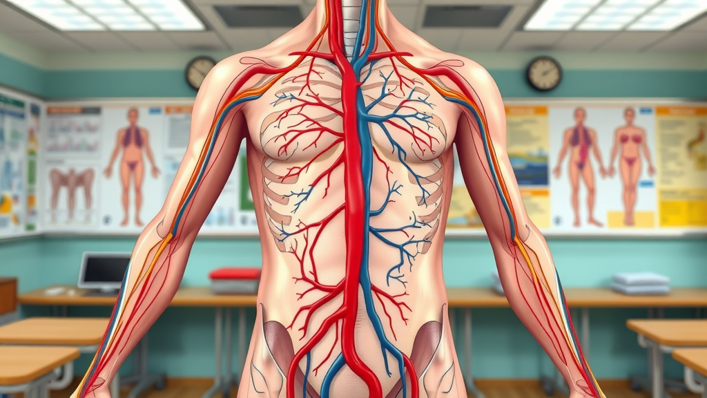 Detailed anatomical diagram of the circulatory system, educational yet visually engaging, arteries and veins visible, classroom-style, highly detailed, labeled pathways, blood flow circulation