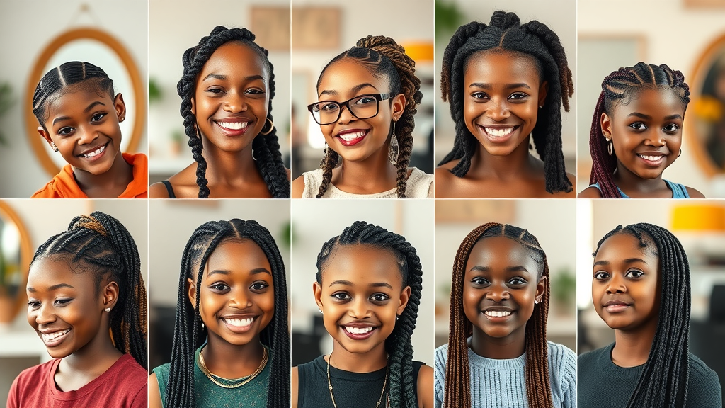 Collage of diverse hair braid styles including box braids, cornrows, classic, and kids braids at Olongapo salons