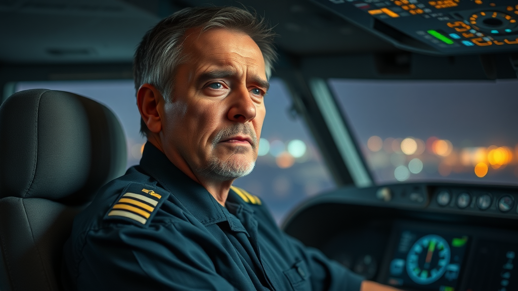 exhausted airline pilot tired after long-haul flight, jet lag risk factor