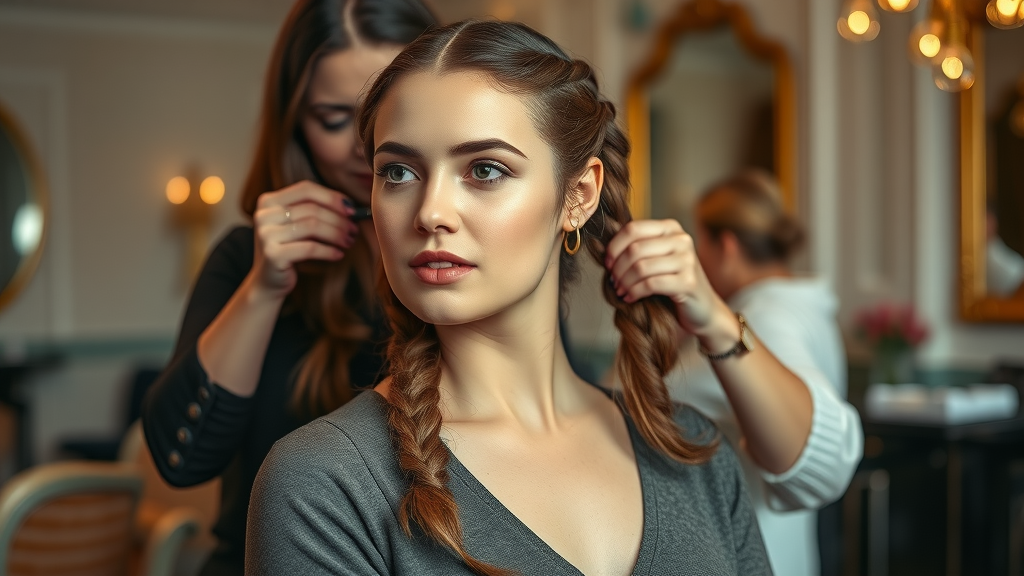 Elegant young woman with intricately braided hair in image de soi salon Olongapo, receiving premium hair braid service