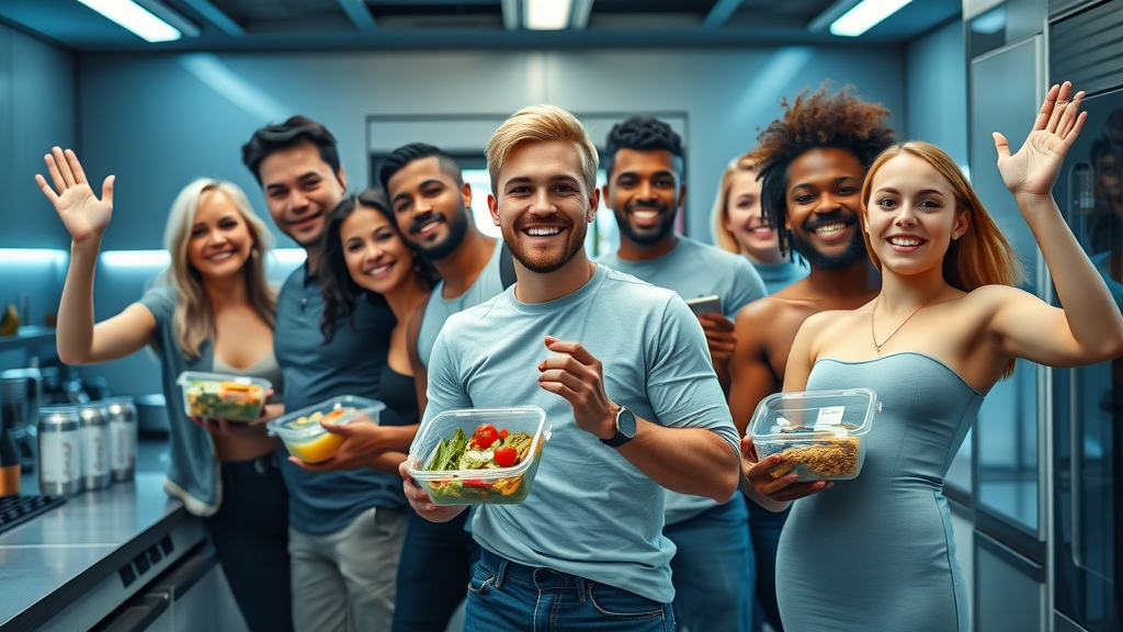 diverse group of people enjoying healthy meal prepping, holding nutritious meal containers in a futuristic kitchen, sleek digital devices