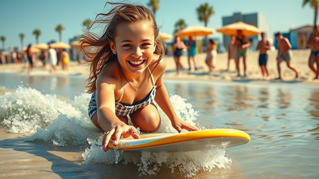 Smiling female skimboarder gliding in Aliso Beach skimboard contest action.