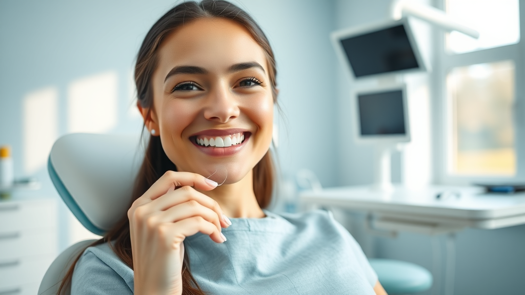Young woman at dental clinic smiling confidently with Invisalign braces
