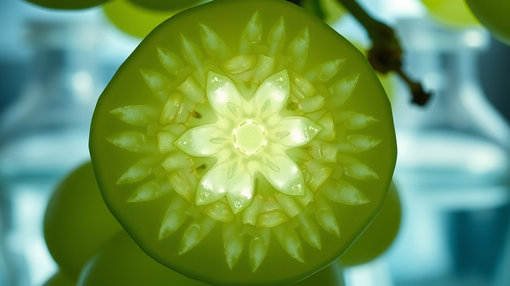 Microscope view of a grape’s cell structure, highlighting packed nutrients and antioxidants, supporting bone health and immune system.