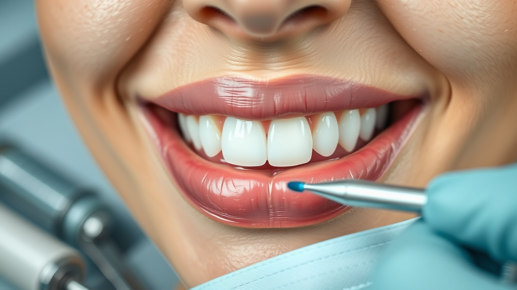 Closeup gleaming healthy white teeth displayed in gentle smile, teeth whitening