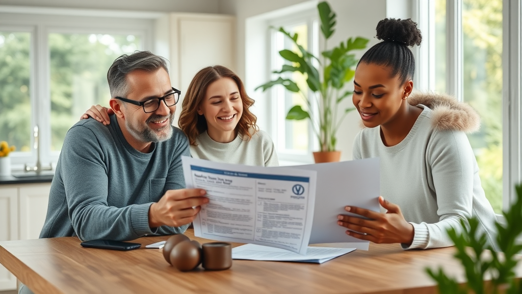 Diverse happy family reviewing affordable healthcare insurance at kitchen table
