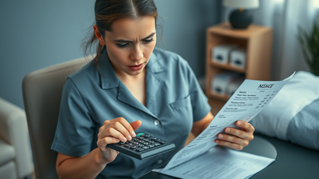 massage therapist holding calculator reviewing service menu and finances in massage business
