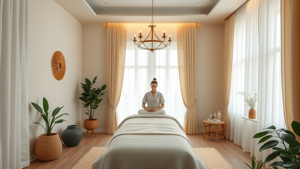 massage therapy studio interior with calming modern decor and massage oils on display