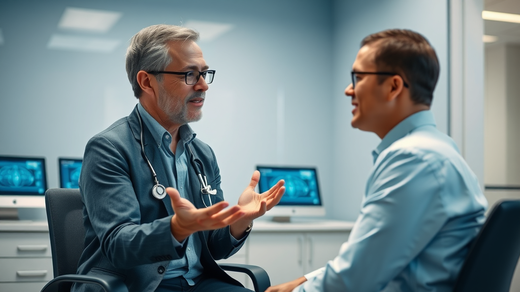 professional neurofeedback clinic showing a trusted neurofeedback provider consulting a patient in a modern clinic with advanced neurofeedback technology visible, representing neurofeedback practitioners
