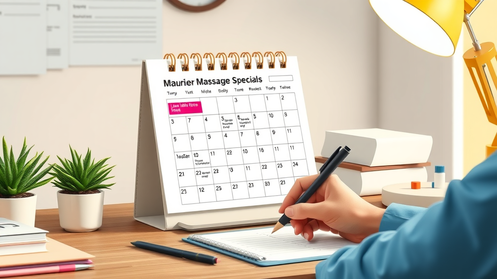 organizer calendar marked with massage specials, professional planning session