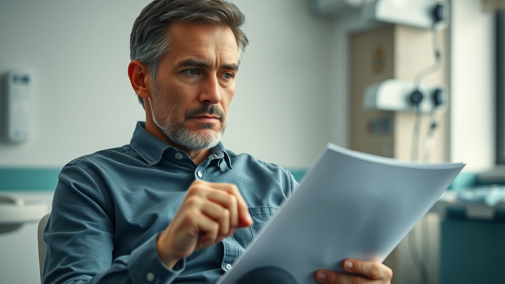 Thoughtful adult reviewing paperwork and considering neurofeedback therapy side effects