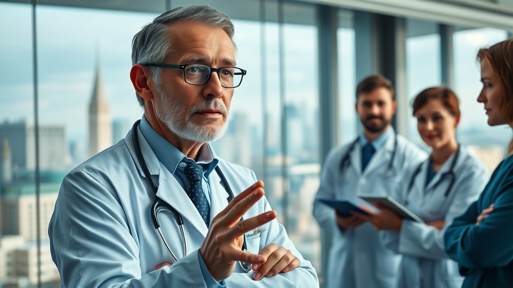 visionary functional medicine doctor presenting future healthcare strategies to colleagues in conference room